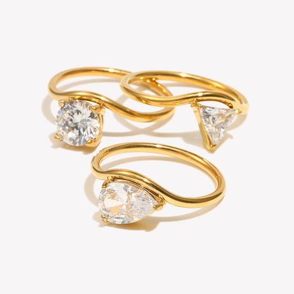 E.B.belle Wave Drop Round Zircon Ring Waterproof Minimalist 316L Stainless Steel Women's Rings 18K Gold Plated Accessories