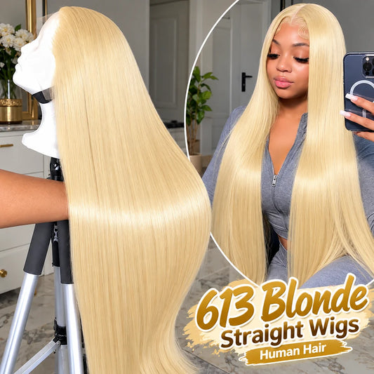613 Blonde Straight HD Lace Frontal Wig – Pre-Colored Pre-Plucked 13x6, 200%