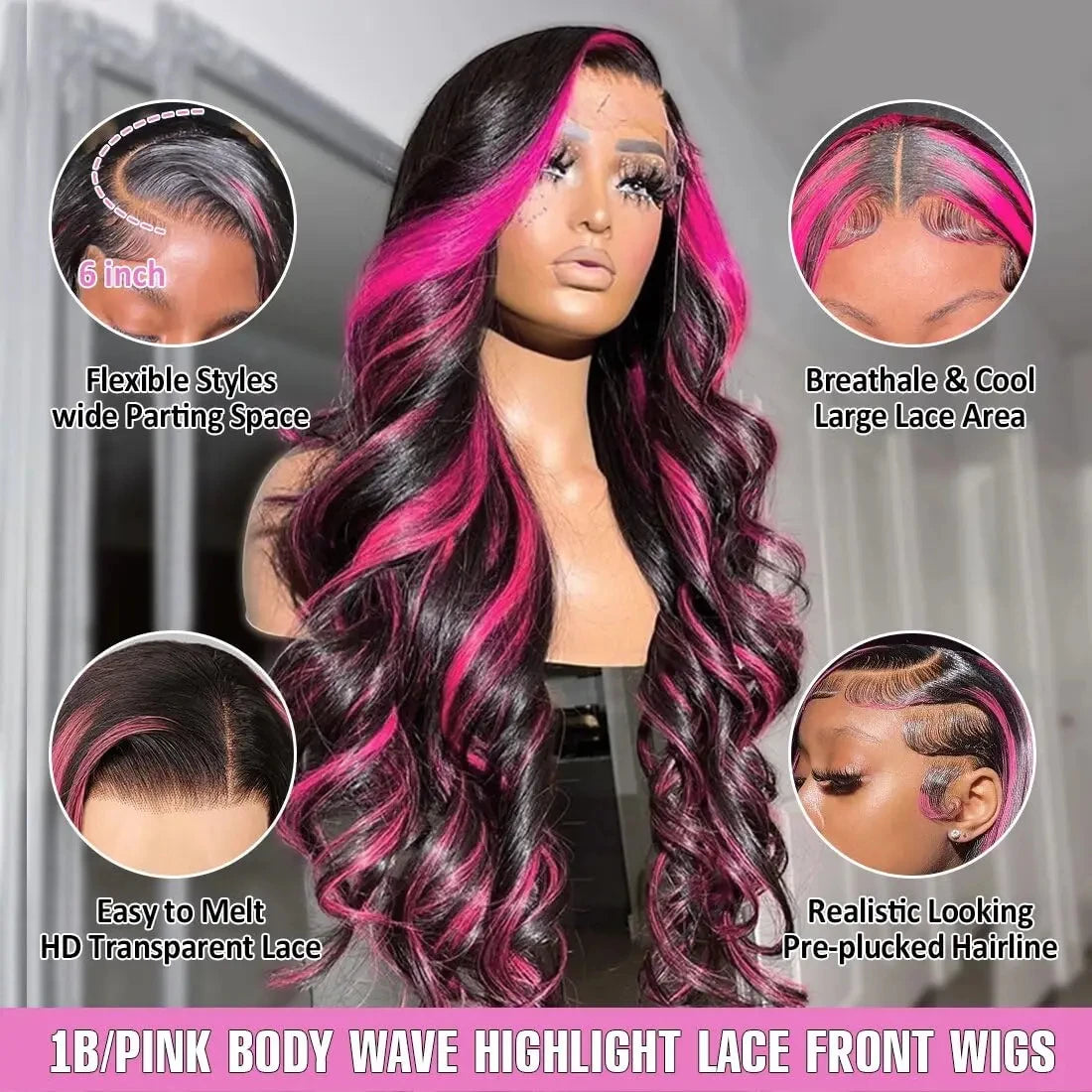 1B/Pink Ombre & Dark Purple Highlight Body Wave HD Lace Frontal Wig – 13x4 & 13x6, 250%