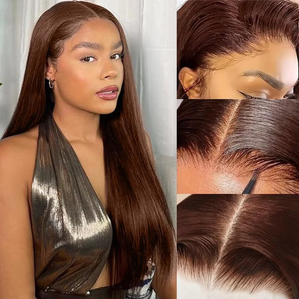 Chocolate Brown Straight HD Lace Front Wig – #4 Skin-Melt 13x6 & 13x4