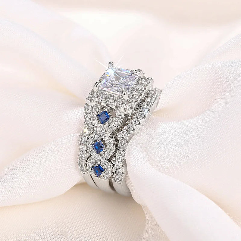 3Pcs/Set 925 Sterling Silver Rings Princess Cut Blue CZ Luxury Wedding Engagement Party Jewelry Set for Women Fashion Accessory