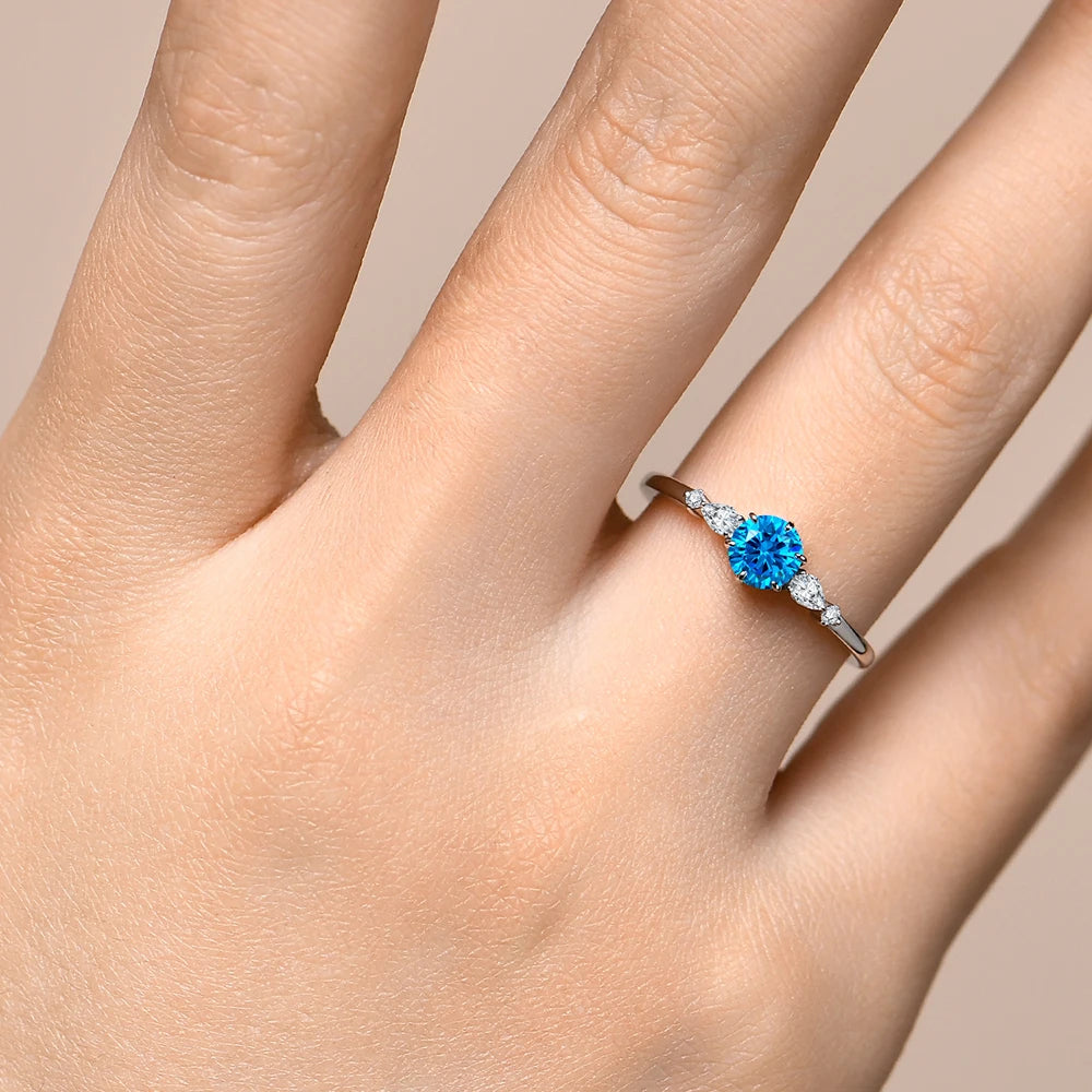 MINTYBOX Round Cut 5mm Blue Moissanite Rings for Women 100% 925 Sterling Silver Elegant Engagement Promise Ring Handmade Jewelry