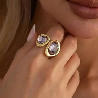 KunJoe Trendy Charm Acrylic Rhinestone Rings Women Vintage Luxury Metal Geometric Finger Ring Daily Wear Jewelry Accessorioes