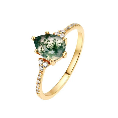 ALLNOEL Natural 6*8mm Green Moss Agate 925 Sterling Silver Rings For Women Water Drop Gemstone Engagement Gifts Healing Jewelry