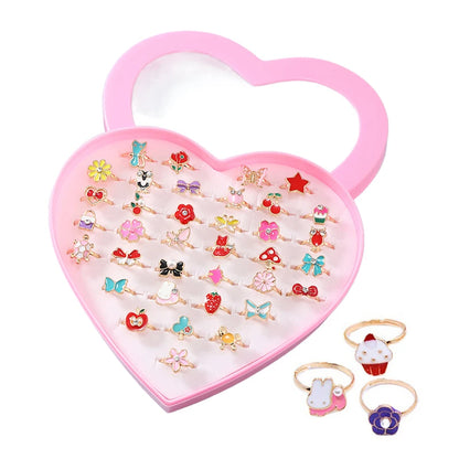 6/12/36pcs Cute Adjustable Rings for  Pretend Play Makeup Toys for Girls Cartoon Crystal Jewelry Alloy Rings Gifts for Girls