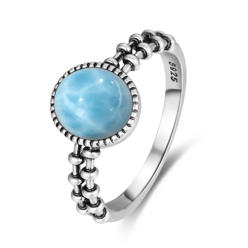 Vintage 925 Silver Natural Larimar Stone Ring Round Flower Shape Sky Blue Sea Water Ring Fine Jewelry Ring Gift For Women Men