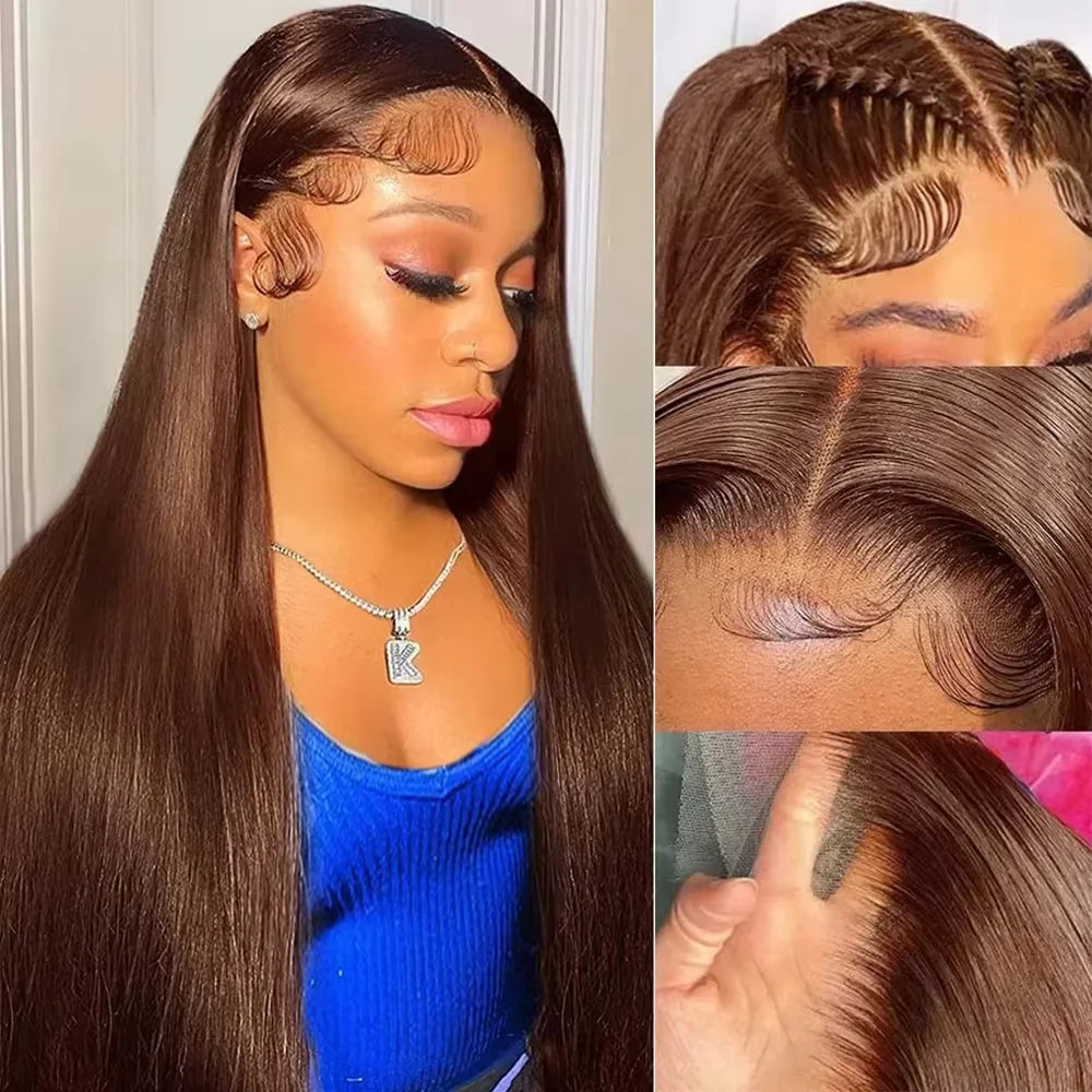 Bone Straight 13x6 Lace Frontal Wig – #4 Chocolate Brown HD, 220% Density 18–46 Inch