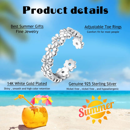 Fansilver S925 Sterling Silver Toe Rings for Women Adjustable White Gold Plated Flower Cz Snake Twist Opal Band Rings Jewelry