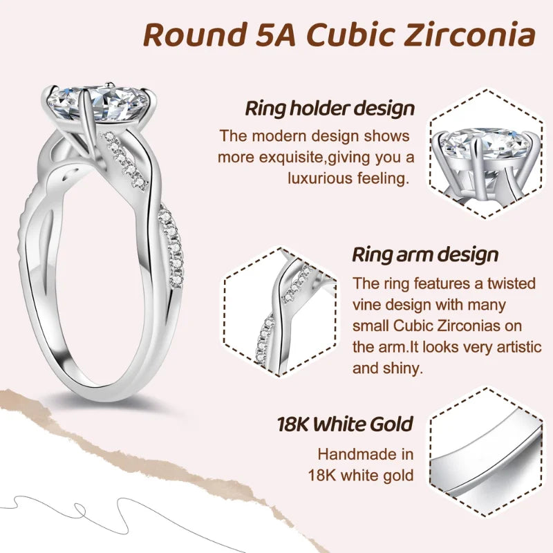 5A Cubic Zirconia Engagement Ring 1ct/3ct/5ct Women's Round Cut Twisted Vine Wedding Bands Sterling Silver Promise Rings with 18K White Gold Plated Fine Jewelry
