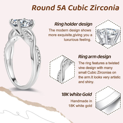 5A Cubic Zirconia Engagement Ring 1ct/3ct/5ct Women's Round Cut Twisted Vine Wedding Bands Sterling Silver Promise Rings with 18K White Gold Plated Fine Jewelry