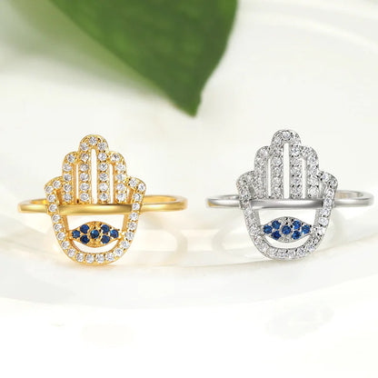 YILUOCD Hamsa Fatima's Hand Open Rings Turkish Blue Cubic Zircon Evil Eye Ring Protection Amulet Islamic Jewish Jewelry