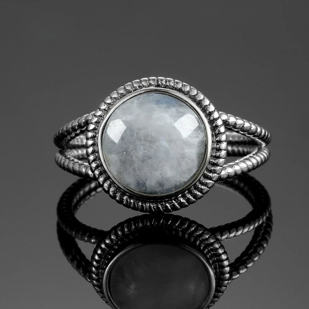 Round Oval Big Natural Moonstones Rings Women's Silver Plated Rings Gifts Vintage Fine Jewelry