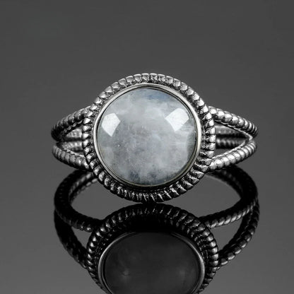 Round Oval Big Natural Moonstones Rings Women's Silver Plated Rings Gifts Vintage Fine Jewelry