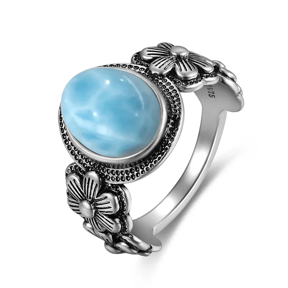 Vintage 925 Silver Natural Larimar Stone Ring Round Flower Shape Sky Blue Sea Water Ring Fine Jewelry Ring Gift For Women Men