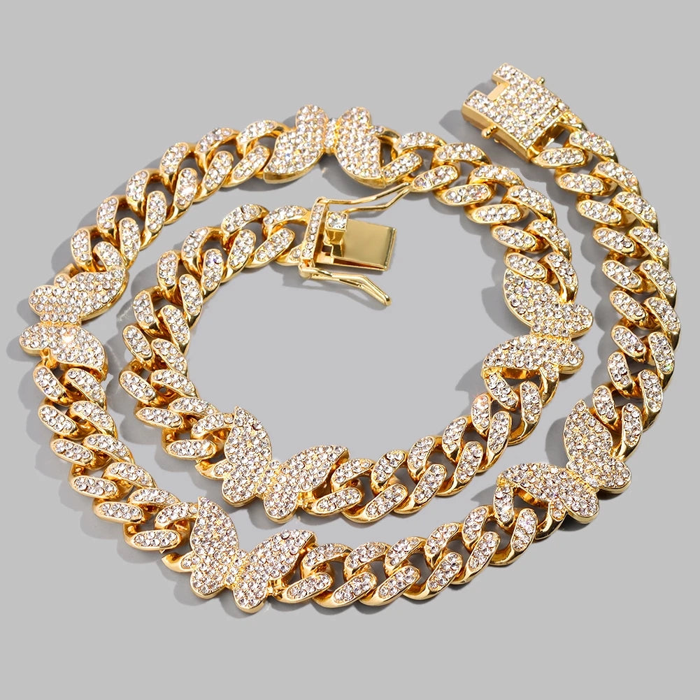 Hip Hop Butterfly Cuban Link Chain Necklace for Men Women, Iced Out Rhinestone Miami Chain, Unisex Bling Jewelry Gift