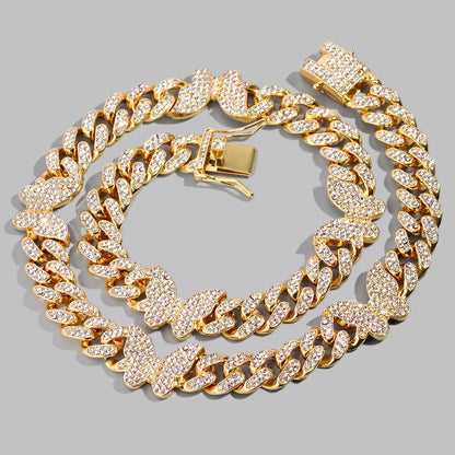 Hip Hop Butterfly Cuban Link Chain Necklace for Men Women, Iced Out Rhinestone Miami Chain, Unisex Bling Jewelry Gift