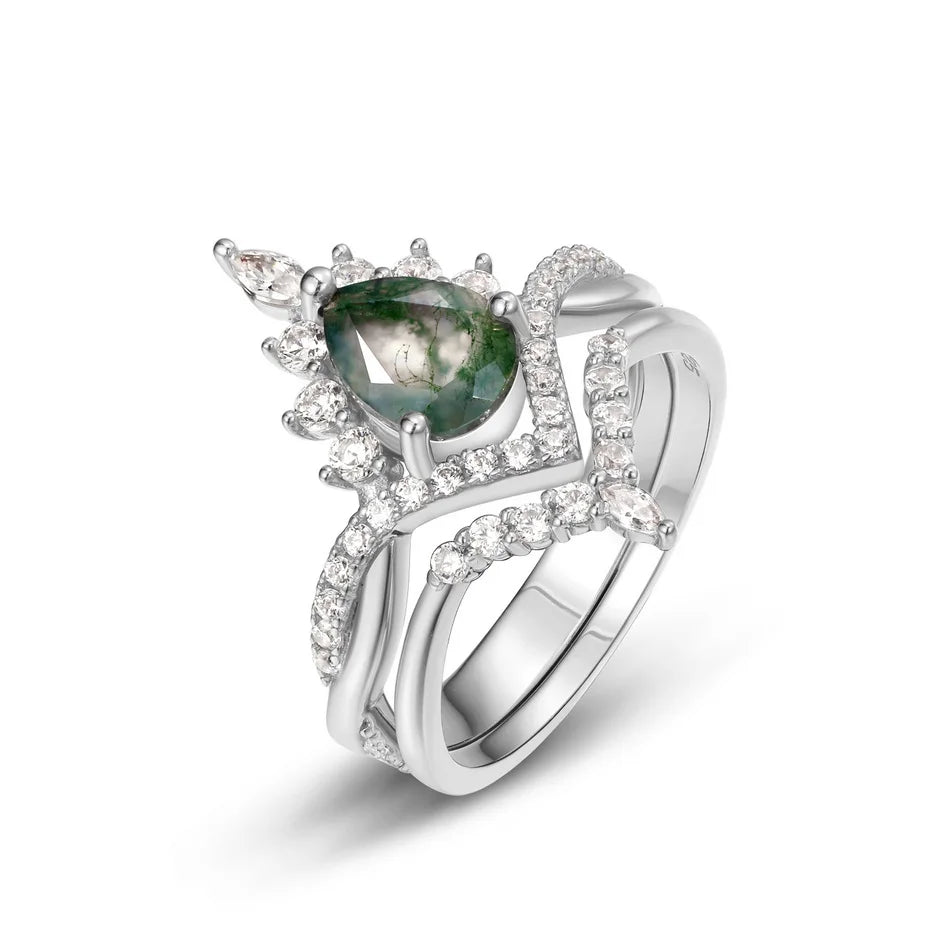 ALLNOEL Natural 6*8mm Green Moss Agate 925 Sterling Silver Rings For Women Water Drop Gemstone Engagement Gifts Healing Jewelry