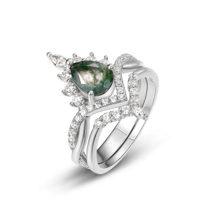 ALLNOEL Natural 6*8mm Green Moss Agate 925 Sterling Silver Rings For Women Water Drop Gemstone Engagement Gifts Healing Jewelry