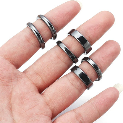 6pcs Unadjustable Black Hematite Rings For Women Men Party Club Smooth Simple Flat Wide Finger Ring Natural Stone 16mm-21mm