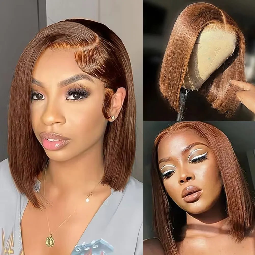 Chocolate Brown Straight Bob Wig – 13x4 Transparent Lace Frontal, 220% Density Short