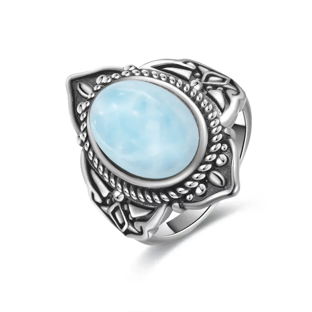 Vintage 925 Silver Natural Larimar Stone Ring Round Flower Shape Sky Blue Sea Water Ring Fine Jewelry Ring Gift For Women Men