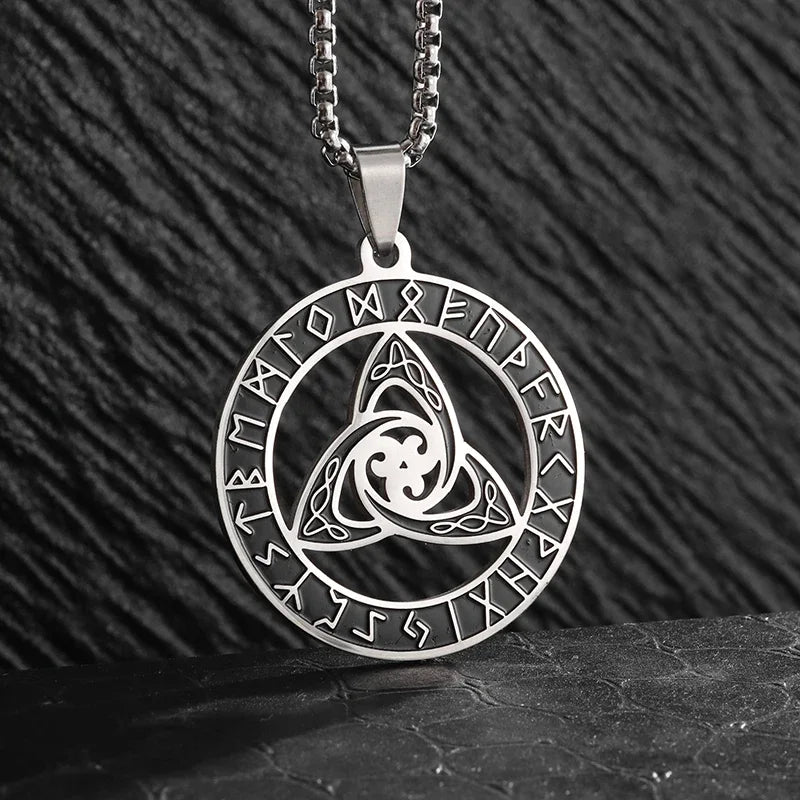 Stainless Steel Trinity Celtic Knot Nordic Rune Pendant Necklace Retro Ethnic Style Irish Knot Lucky Amulet Jewelry for Men