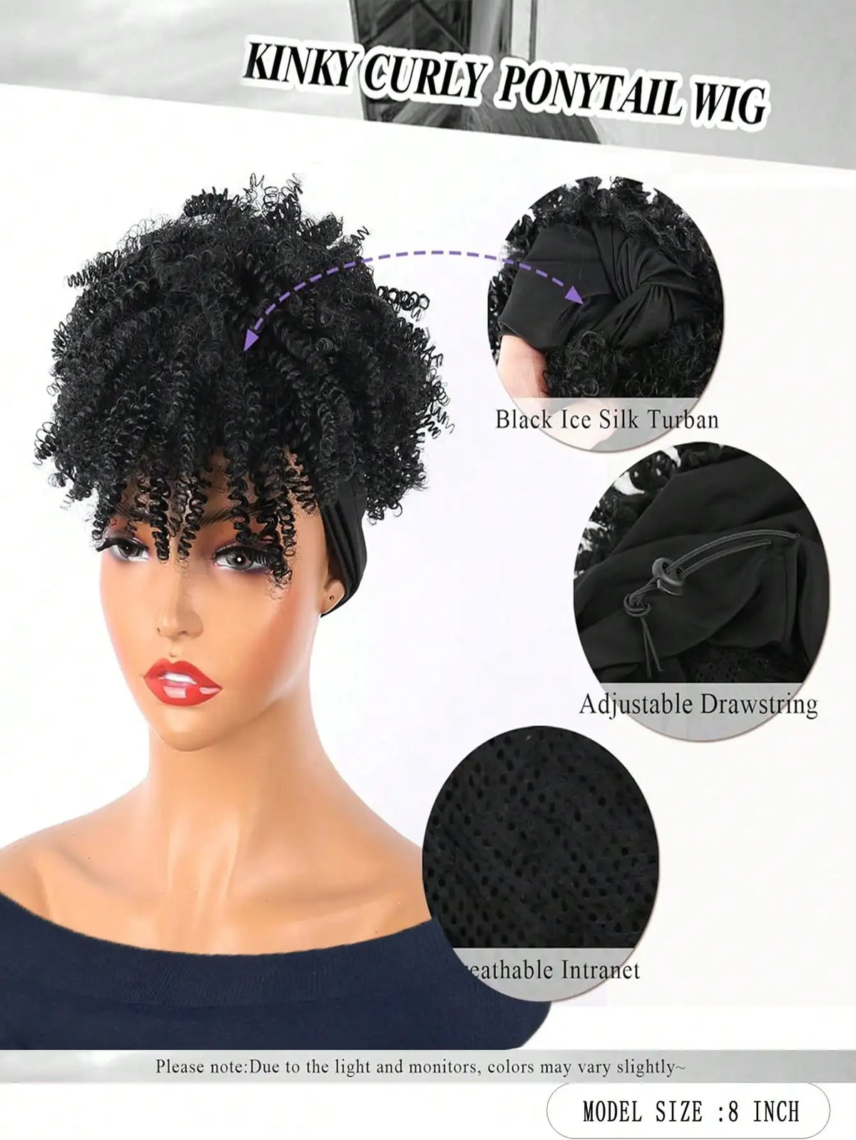 Afro Kinky Curly Headband Wig – Dark Brown Synthetic Wrap Wig with Bangs, 2-in-1
