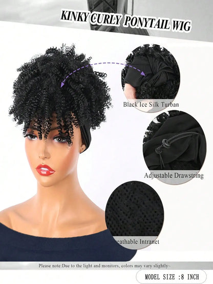Afro Kinky Curly Headband Wig – Dark Brown Synthetic Wrap Wig with Bangs, 2-in-1