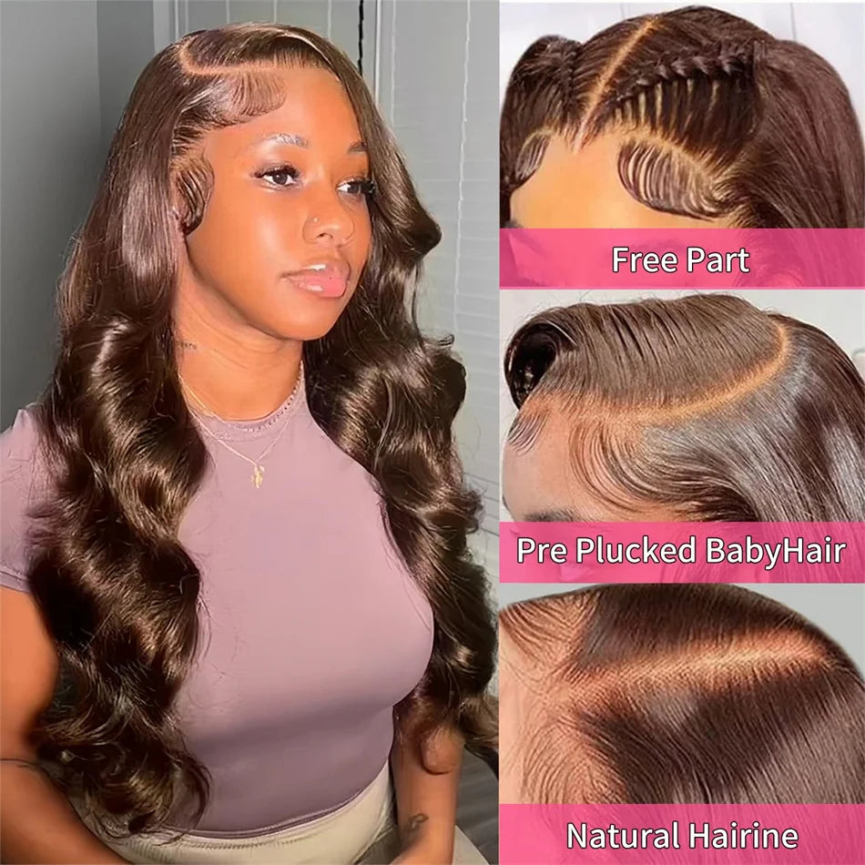 Pre-Plucked Chocolate Brown Body Wave Lace Front Wig – HD 13x6, 4x4 & 5x5, Light Brown Lace