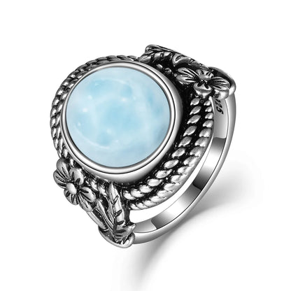 Vintage 925 Silver Natural Larimar Stone Ring Round Flower Shape Sky Blue Sea Water Ring Fine Jewelry Ring Gift For Women Men