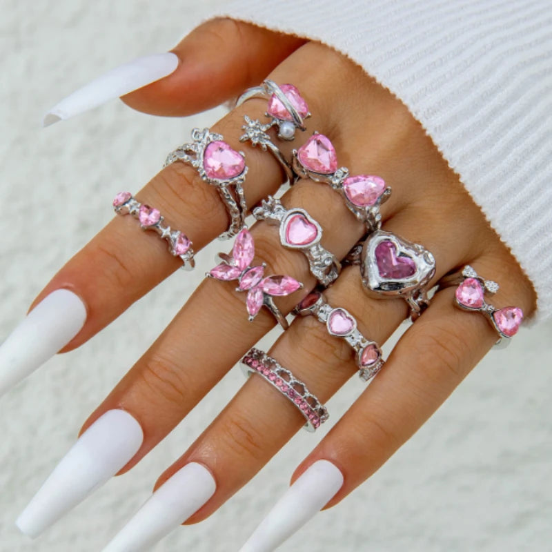 10Pcs/Set Pink Synthetic Zircon Heart Love Butterfly Rings for Women Bow Mix Style Fashion Open Adjustion Finger Jewelry Party
