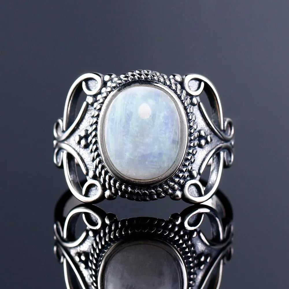 Round Oval Big Natural Moonstones Rings Women's Silver Plated Rings Gifts Vintage Fine Jewelry