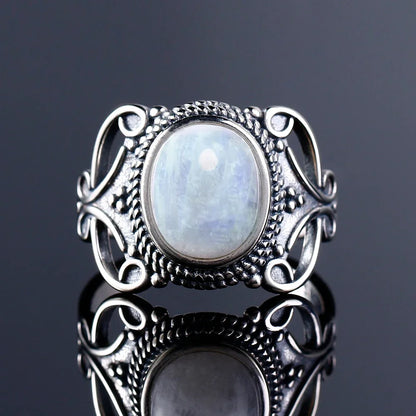 Round Oval Big Natural Moonstones Rings Women's Silver Plated Rings Gifts Vintage Fine Jewelry