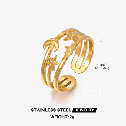 LATS Stainless Steel Y2K Celestial Star Open Rings for Women Men Unique Design Gold Silver Color Adjustable Ring Fashion Jewelry