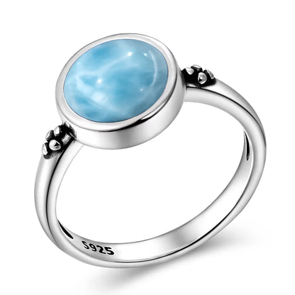 Vintage 925 Silver Natural Larimar Stone Ring Round Flower Shape Sky Blue Sea Water Ring Fine Jewelry Ring Gift For Women Men