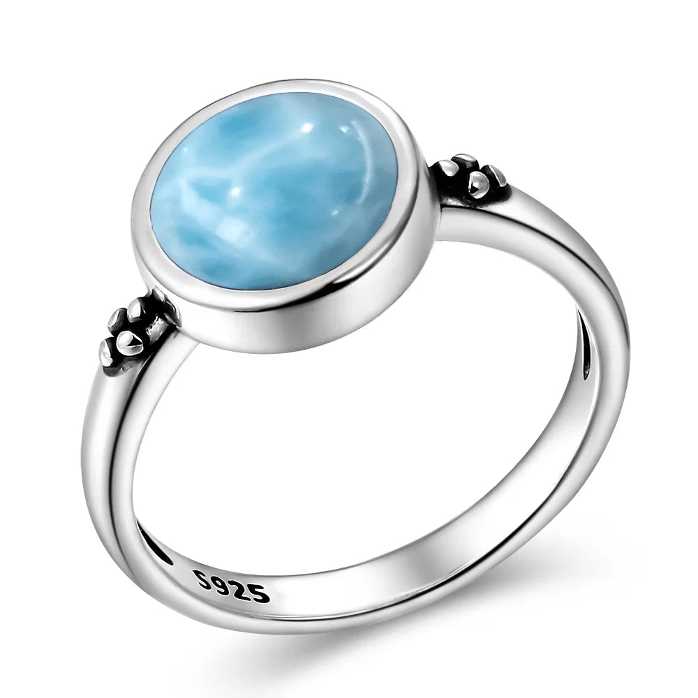 Vintage 925 Silver Natural Larimar Stone Ring Round Flower Shape Sky Blue Sea Water Ring Fine Jewelry Ring Gift For Women Men