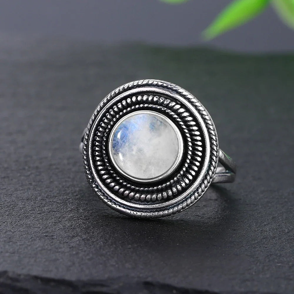 Round Oval Big Natural Moonstones Rings Women's Silver Plated Rings Gifts Vintage Fine Jewelry
