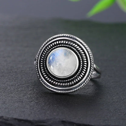 Round Oval Big Natural Moonstones Rings Women's Silver Plated Rings Gifts Vintage Fine Jewelry