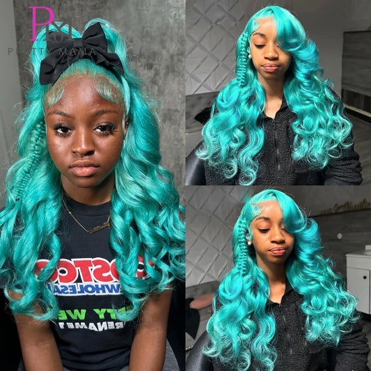Cyan Blue & Light Green 13x6 Lace Front Wig – Body Wave Pre-Plucked Colored 613