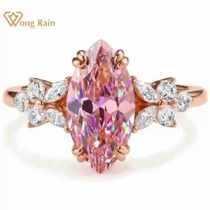 Wong Rain 925 Sterling Silver Marquise Cut  6*12 MM Padparadscha Gemstone Engagement Ring for Women Fine Jewelry Wedding Gifts