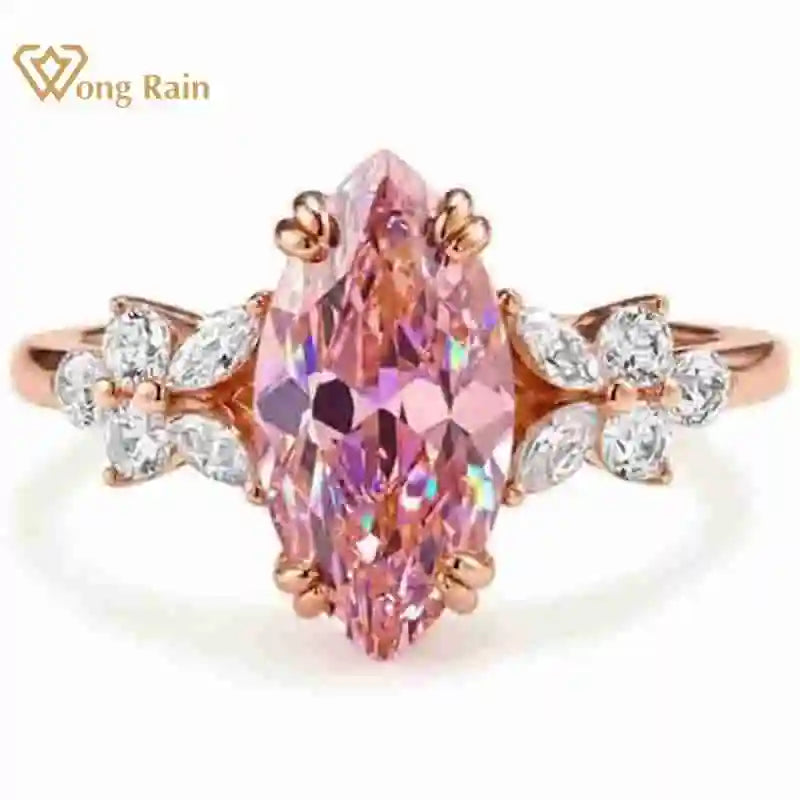 Wong Rain 925 Sterling Silver Marquise Cut  6*12 MM Padparadscha Gemstone Engagement Ring for Women Fine Jewelry Wedding Gifts