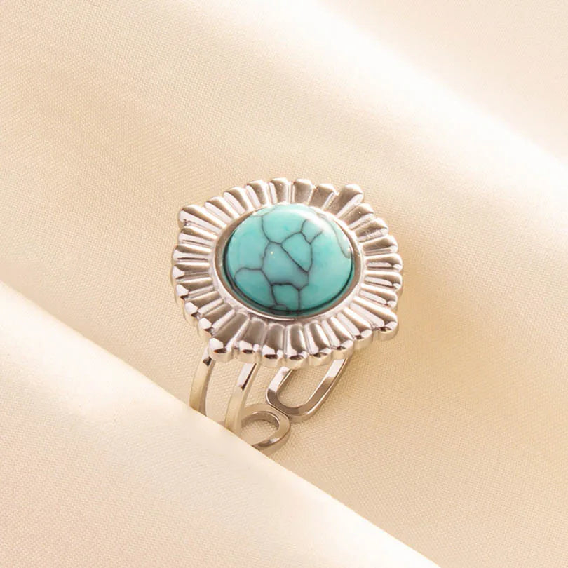 1pc Stainless Steel Boho Turquoise Open Finger Rings Trendy Adjustable Women Ethnic Multi Layers Stackable Anillos Jewelry