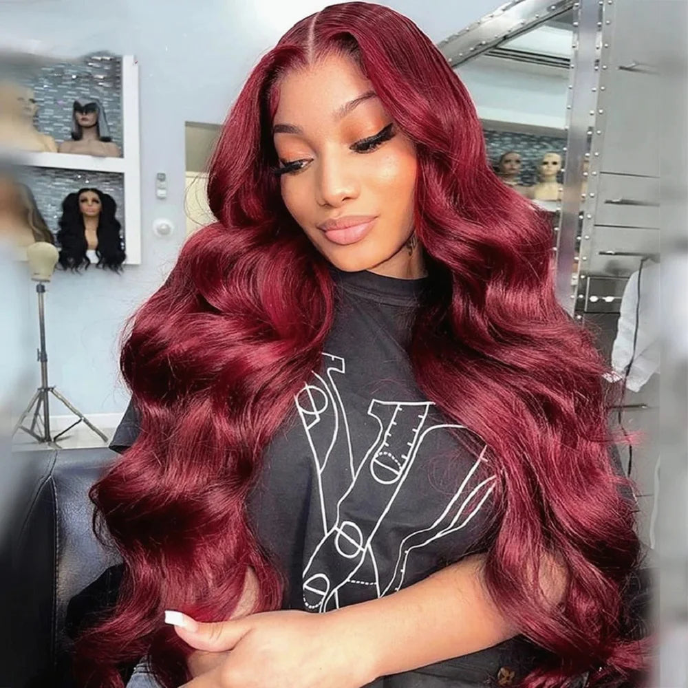 99J Burgundy Dark Red Body Wave 13x4 Lace Frontal Wig – Pre-Plucked Skin-Melt