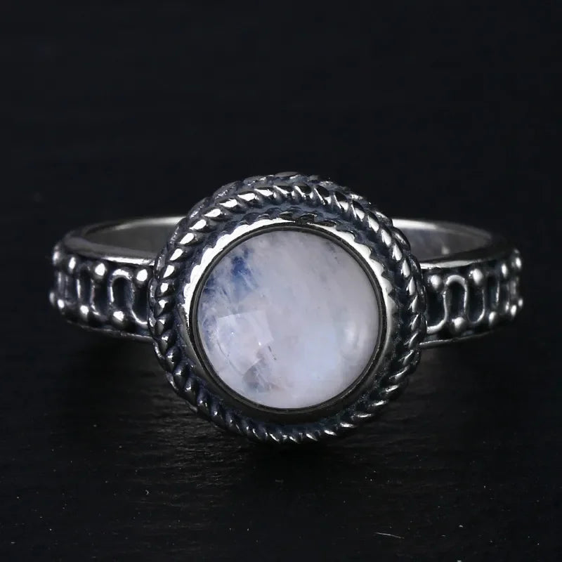 Round Oval Big Natural Moonstones Rings Women's Silver Plated Rings Gifts Vintage Fine Jewelry