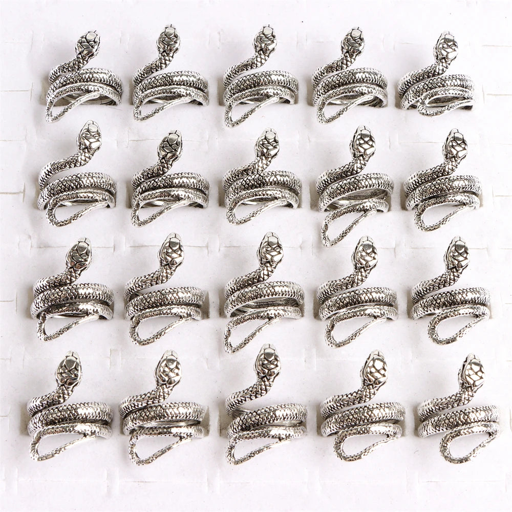 10pcs/lot Men Retro Punk Snake Rings For Women Antique Siver Color Opening Adjustable Jewelry Party Gifts