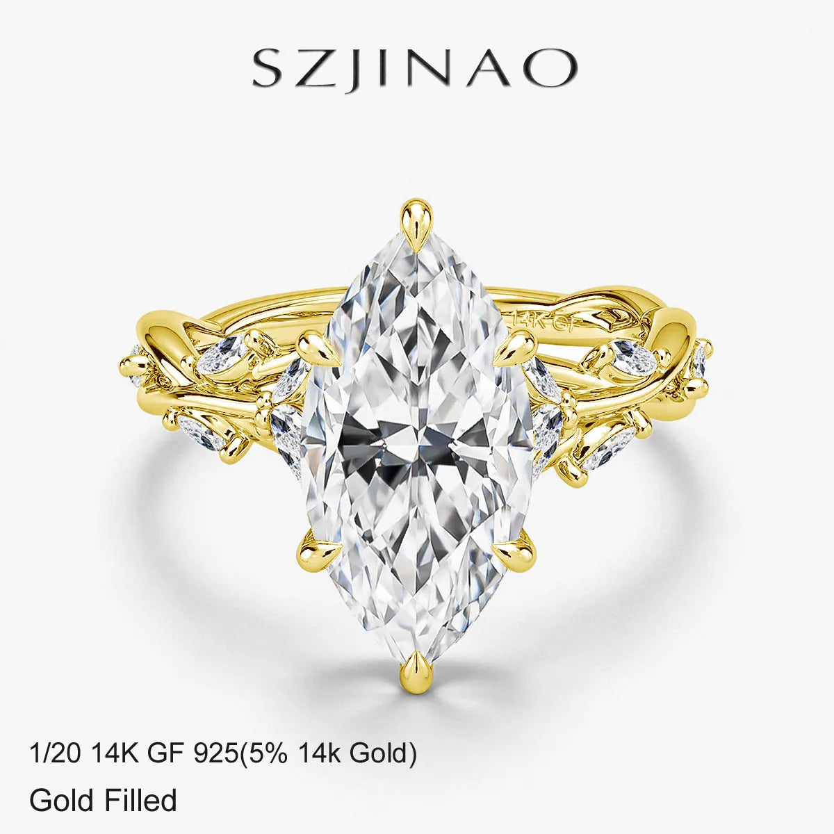 Real 14K Gold Filled Moissanite Wedding Ring 3CT Marquise Cut GRA Diamond Nature-Inspired Au585 Engagement Ring for Women
