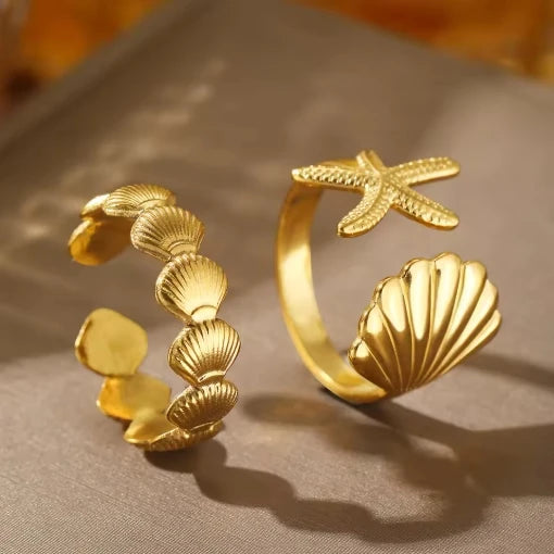 MHS.SUN Ocean Style Stainless Steel Starfish Shell Rings For Women Men Vintage Gold Plated Open Ring Summer Beach Jewelry