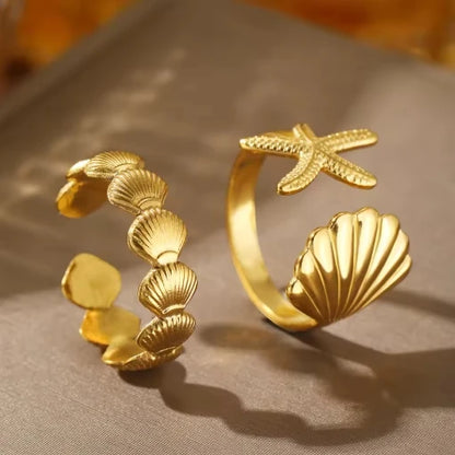 MHS.SUN Ocean Style Stainless Steel Starfish Shell Rings For Women Men Vintage Gold Plated Open Ring Summer Beach Jewelry