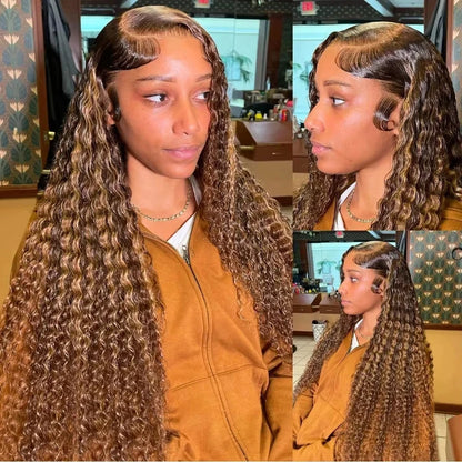 Honey Blonde P4/27 Highlight Curly Deep Wave HD Lace Frontal Wig – 13x4 & 13x6, 30–36 Inch