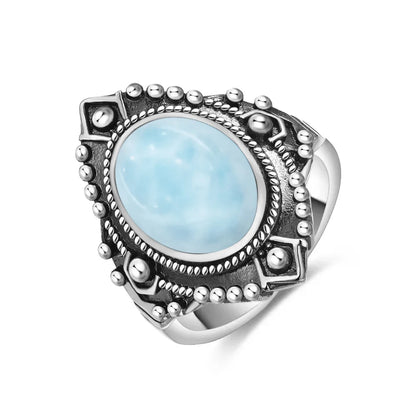 Vintage 925 Silver Natural Larimar Stone Ring Round Flower Shape Sky Blue Sea Water Ring Fine Jewelry Ring Gift For Women Men